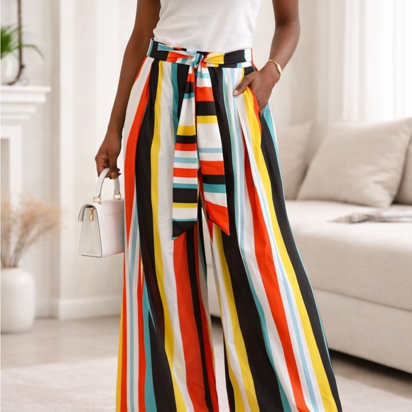 Kosmios Pants - Multicolor Stripe Wide Leg Pants Tie Waist Size M NWT